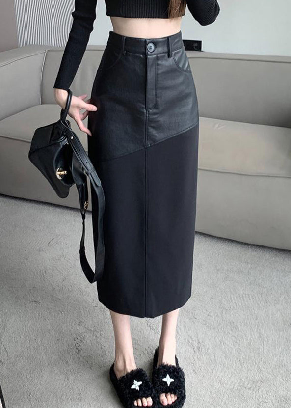 Black Slim Back Open Fit Patchwork Skirts Leather Faux Side