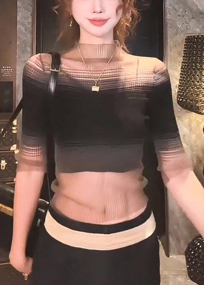 Knit Slim Color Fit Half Turtleneck T Shirt Tulle Black Gradient