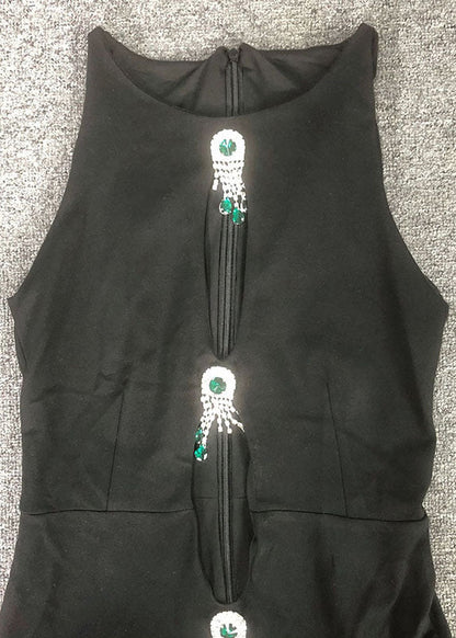 Slim Sleeveless Long Zircon Fit Out Cotton Dresses Hollow Black