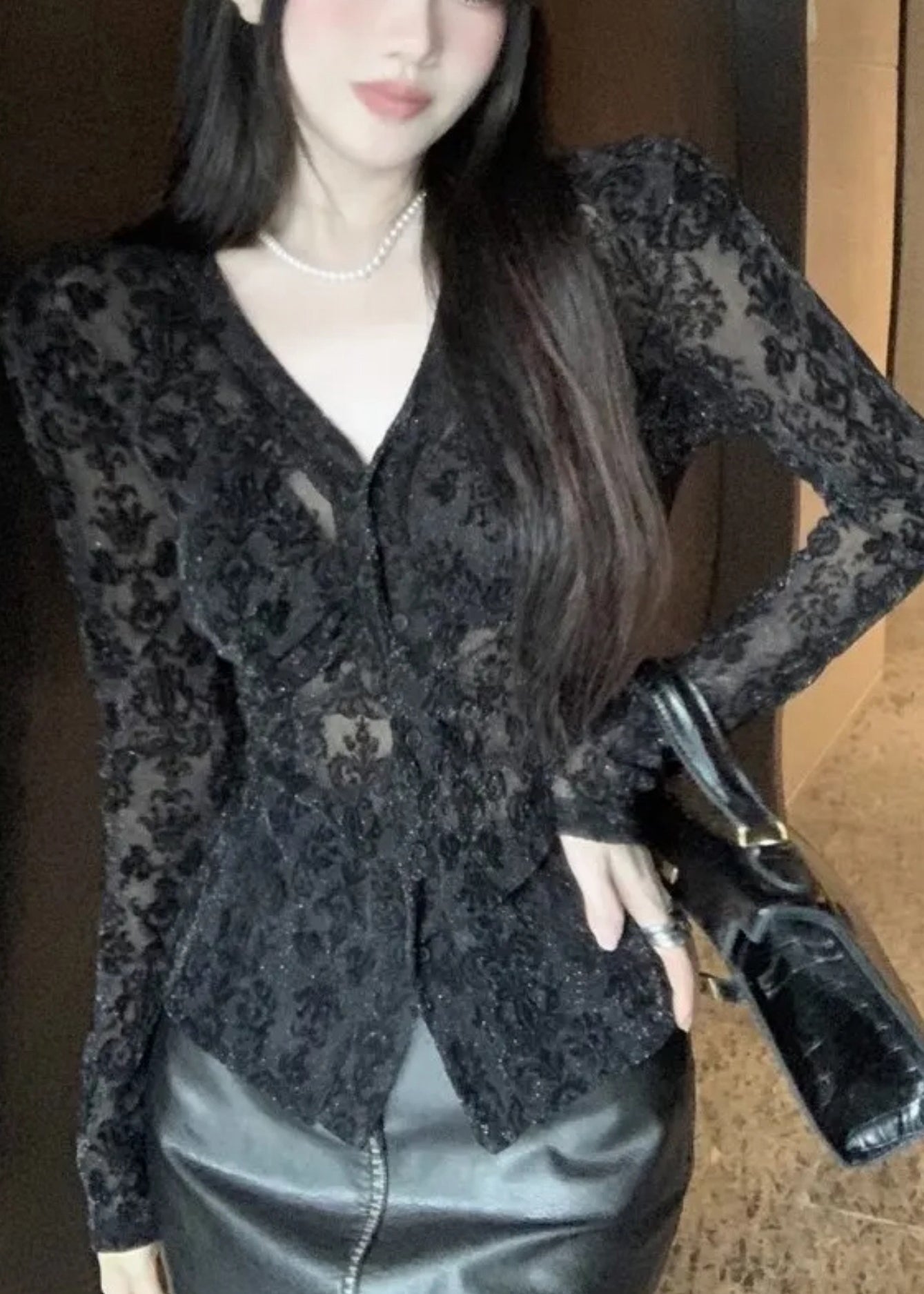 Fit Slim Top Neck Tulle Black Spring Button Flocking V