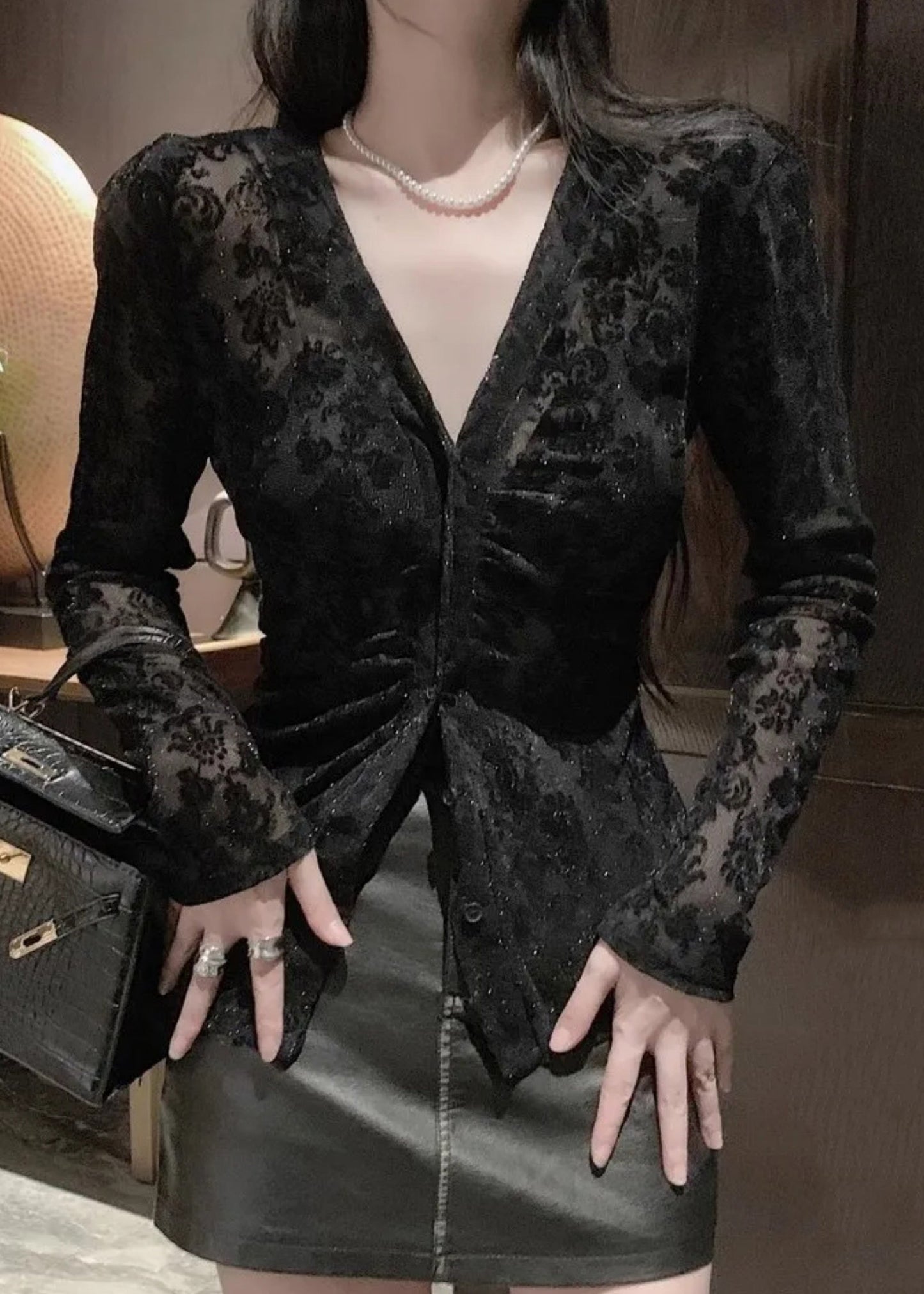 Fit Slim Top Neck Tulle Black Spring Button Flocking V