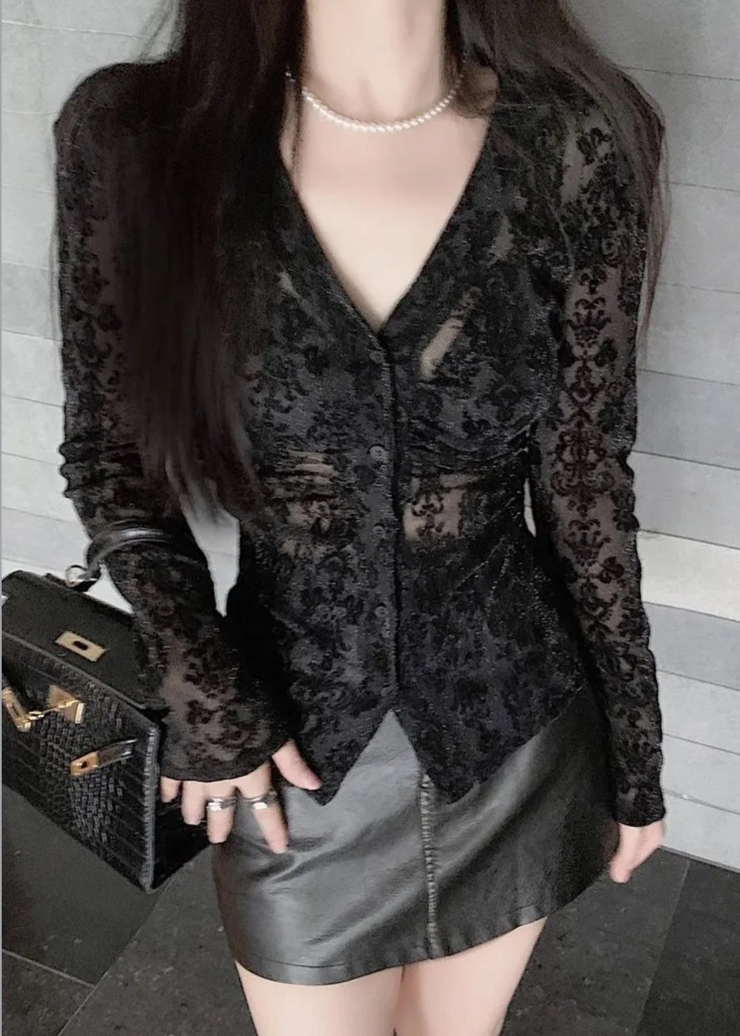 Fit Slim Top Neck Tulle Black Spring Button Flocking V