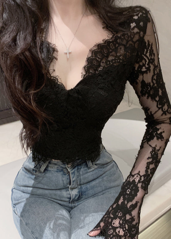 Spring Neck Top V Lace Black Fit Slim
