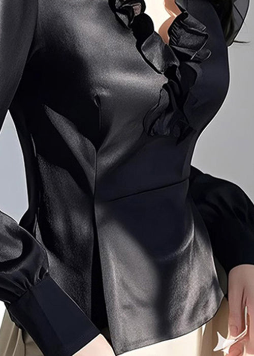 Shirt Fall V Neck Slim Ruffled Silk Black Fit