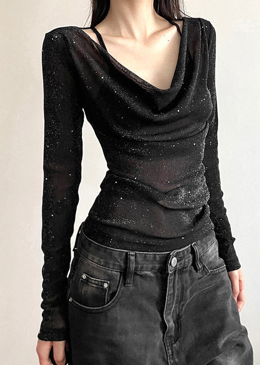 Shirts Fall Fit Tulle Slim Neck Black Sequins T V
