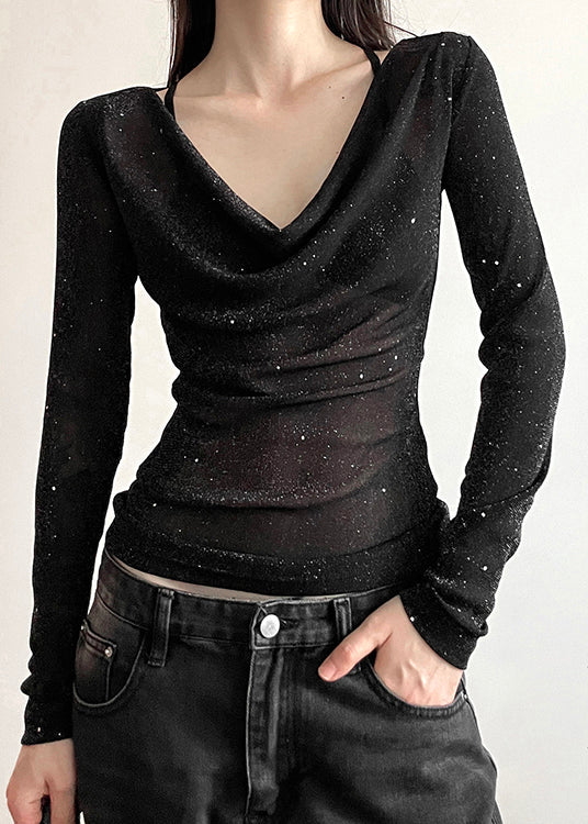 Shirts Fall Fit Tulle Slim Neck Black Sequins T V