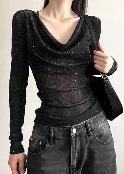 Shirts Fall Fit Tulle Slim Neck Black Sequins T V