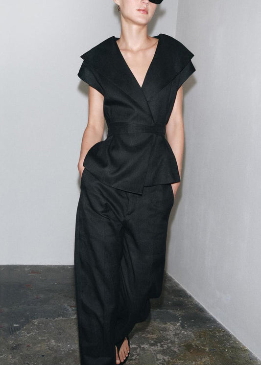 Neck Black V Set Cotton Waist Tie Slim Summer Pieces Two Fit