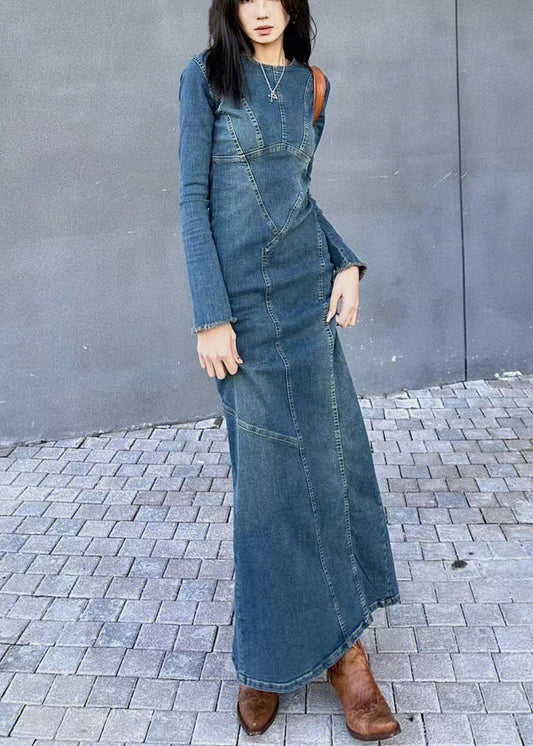 Original Back Slim Side Open Blue Dresses Design Long Fit Denim