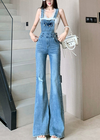 Sleeveless Hole Jumpsuit Fit Denim High Waist Slim Blue
