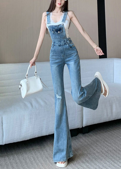 Sleeveless Hole Jumpsuit Fit Denim High Waist Slim Blue