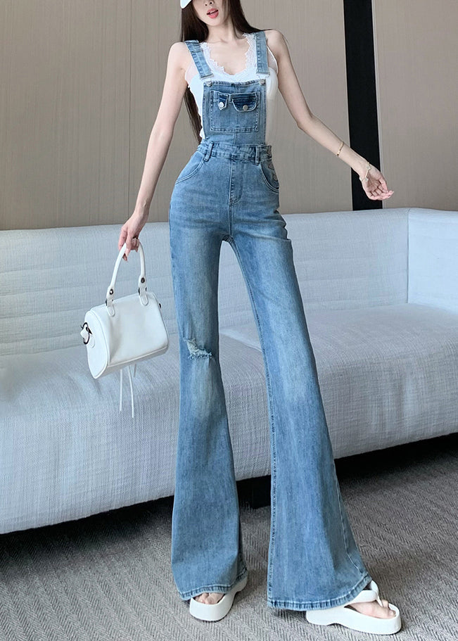 Sleeveless Hole Jumpsuit Fit Denim High Waist Slim Blue