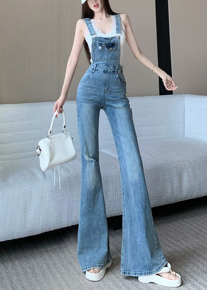 Sleeveless Hole Jumpsuit Fit Denim High Waist Slim Blue