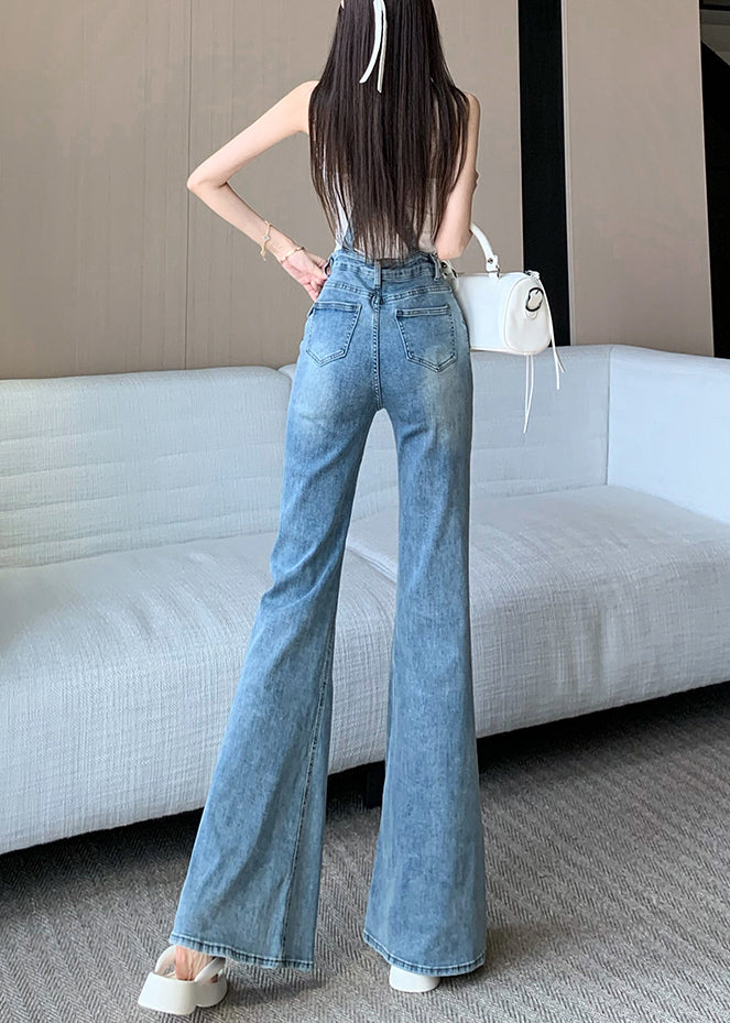 Sleeveless Hole Jumpsuit Fit Denim High Waist Slim Blue