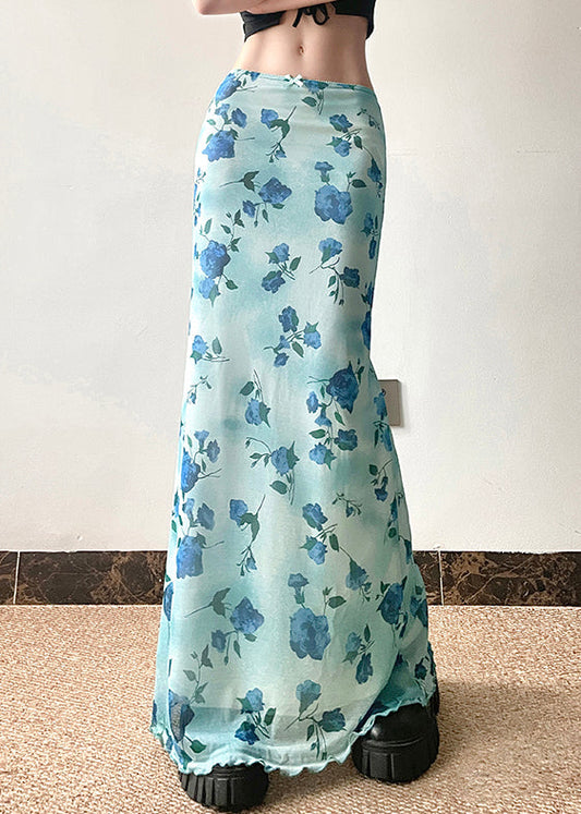 Summer Blue Slim Waist Fit Print Skirt High Tulle