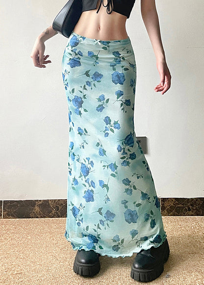 Summer Blue Slim Waist Fit Print Skirt High Tulle