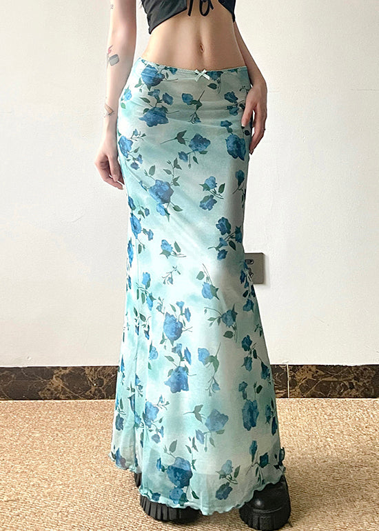 Summer Blue Slim Waist Fit Print Skirt High Tulle