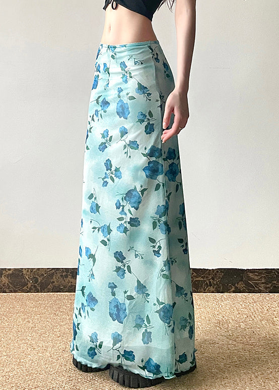 Summer Blue Slim Waist Fit Print Skirt High Tulle