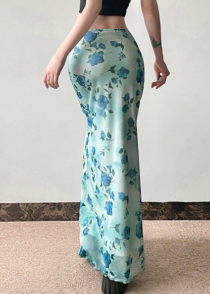 Summer Blue Slim Waist Fit Print Skirt High Tulle