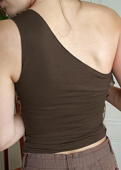 Sleeveless Fit Cotton Asymmetrical Brown Tank Patchwork Slim