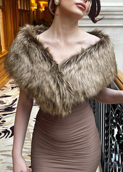 Slim Fit Brown Fur Collar Wrinkled Patchwork Cotton Long Dress Sleeveless YT019