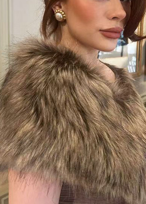 Slim Fit Brown Fur Collar Wrinkled Patchwork Cotton Long Dress Sleeveless YT019