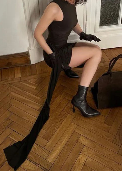 Brown Slim Fit Mid Sleeveless Dress Wrinkled Turtleneck Cotton