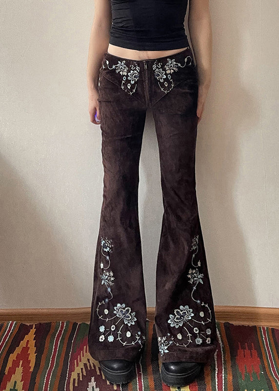 Fit Flared Trousers Chocolate Floral Denim Embroidered Slim