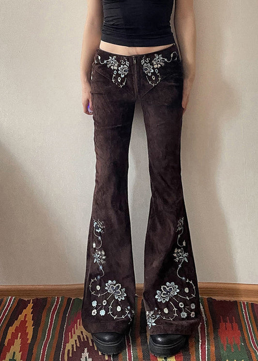 Fit Flared Trousers Chocolate Floral Denim Embroidered Slim