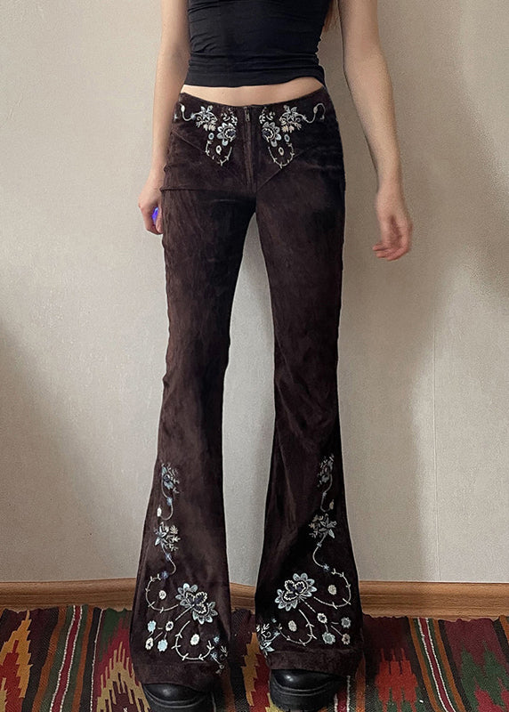 Fit Flared Trousers Chocolate Floral Denim Embroidered Slim