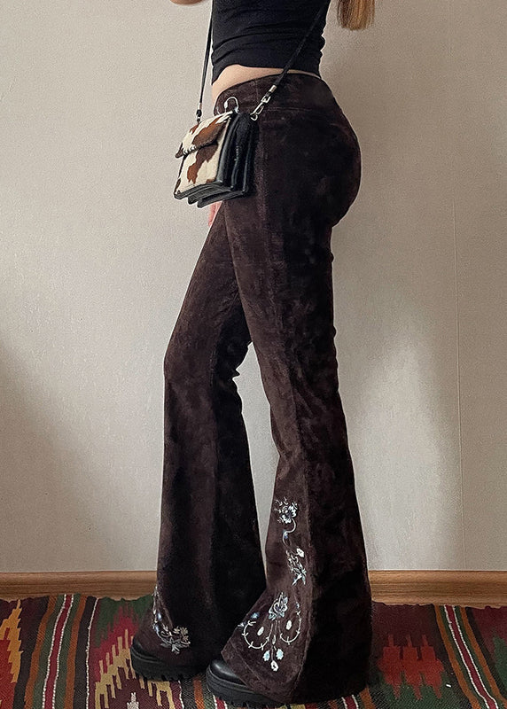 Fit Flared Trousers Chocolate Floral Denim Embroidered Slim