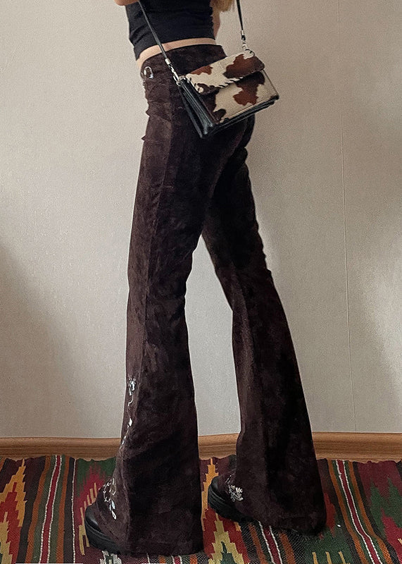Fit Flared Trousers Chocolate Floral Denim Embroidered Slim
