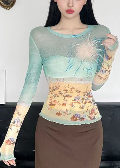 Fit O-Neck Summer Shirts Tulle T Colorblock Print Slim