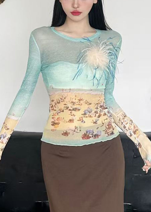 Fit O-Neck Summer Shirts Tulle T Colorblock Print Slim