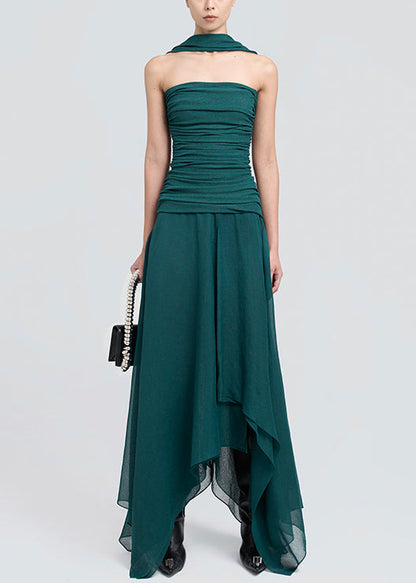 Shoulder Green Dresses Cotton Maxi Cold Dark Wrinkled Fit Slim