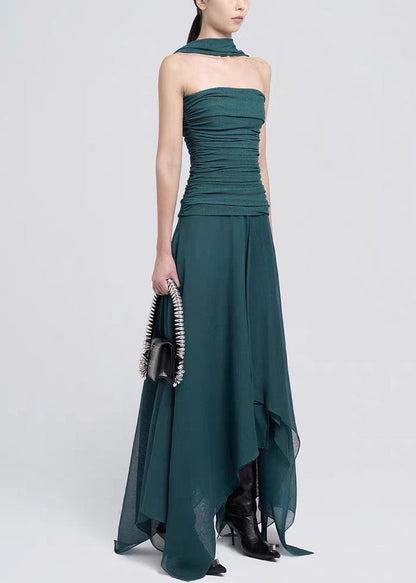 Shoulder Green Dresses Cotton Maxi Cold Dark Wrinkled Fit Slim