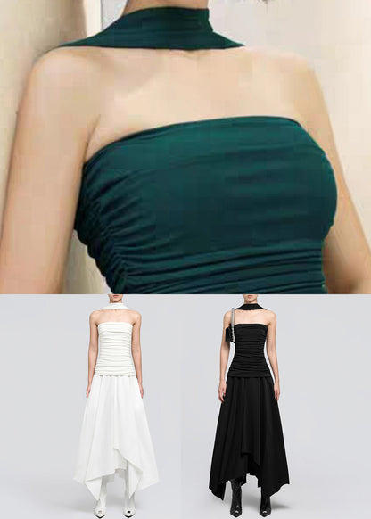 Shoulder Green Dresses Cotton Maxi Cold Dark Wrinkled Fit Slim