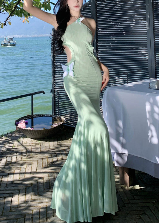 Slim Tulle Summer Hollow Fit Fishtail Dresses Green Butterfly Out
