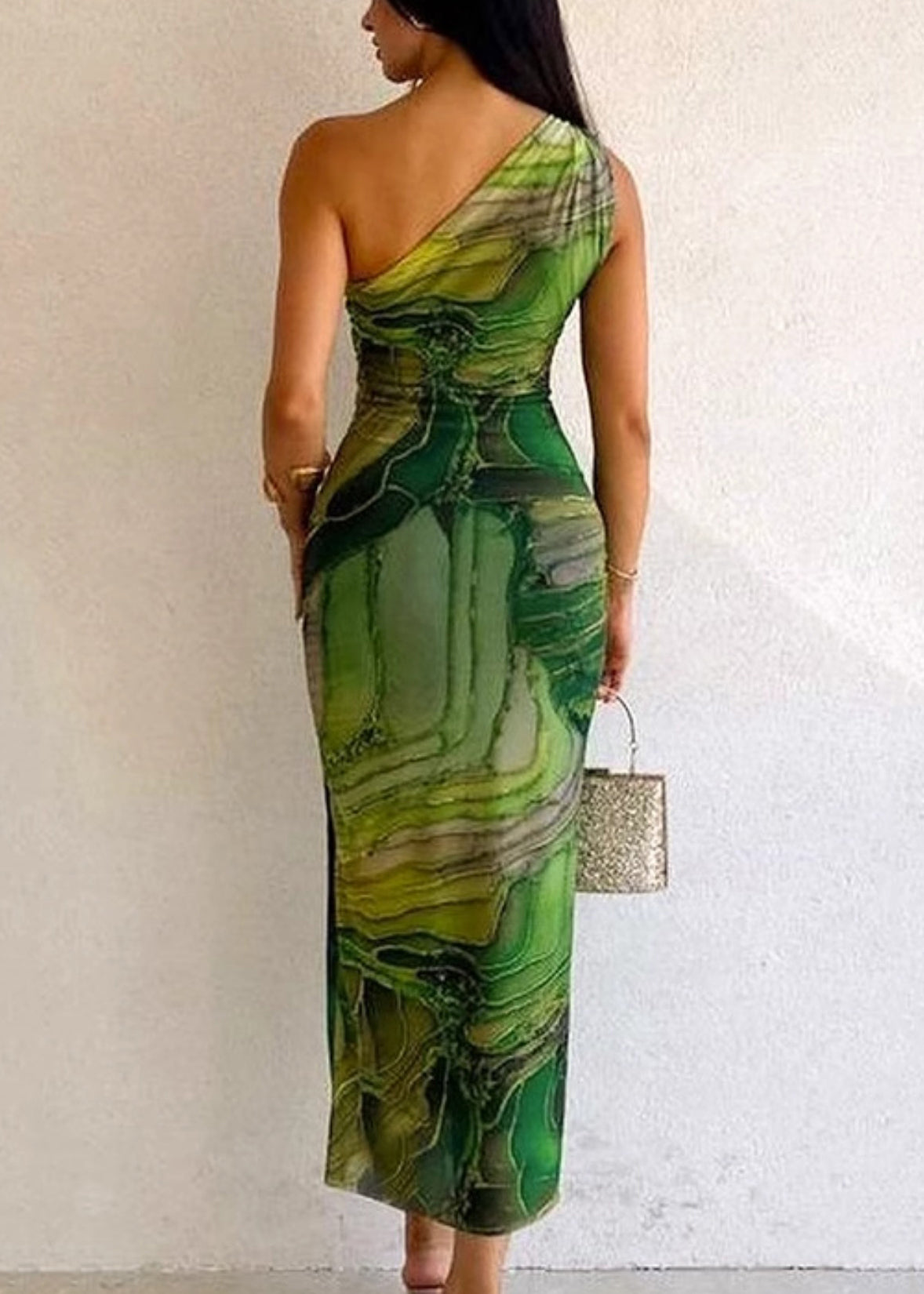 Slim Cotton Fit Dress Cold Sleeveless Green Long Shoulder Print