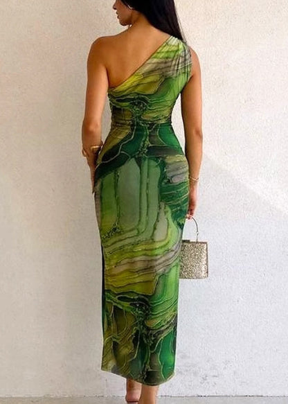 Slim Cotton Fit Dress Cold Sleeveless Green Long Shoulder Print