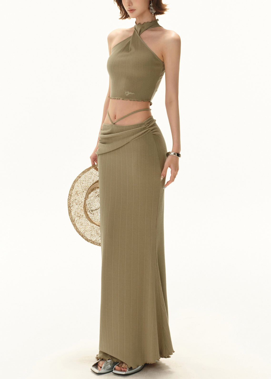 Fit Knit Up Green Sleeveless Two Hollow Out Lace Slim Set Pieces