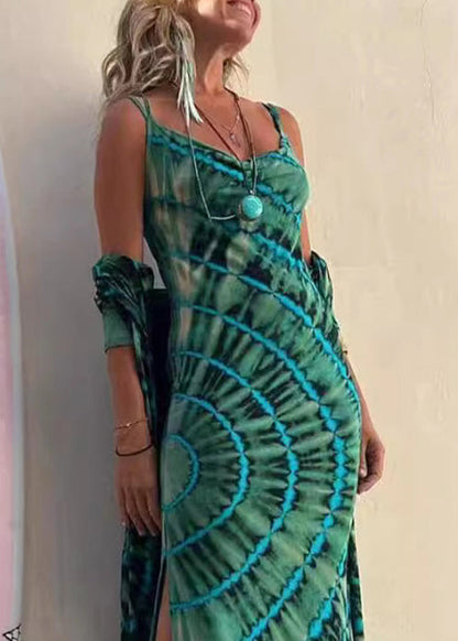 Slim Fit Green Print Side Open Cotton Spaghetti Strap Dress Sleeveless BB036