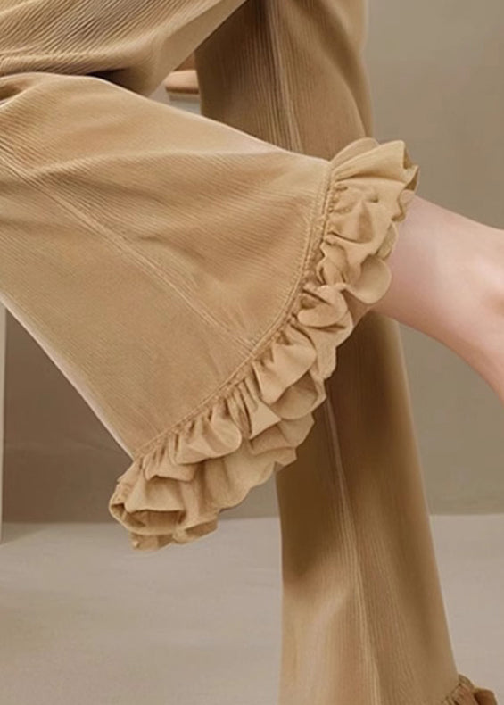 Flared Fall Trousers Corduroy Waist Fit Ruffled High Slim Khaki