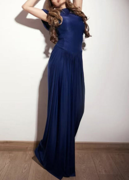 Wrinkled Light Cotton Fit Solid Slim Waist Blue High Dresses Maxi