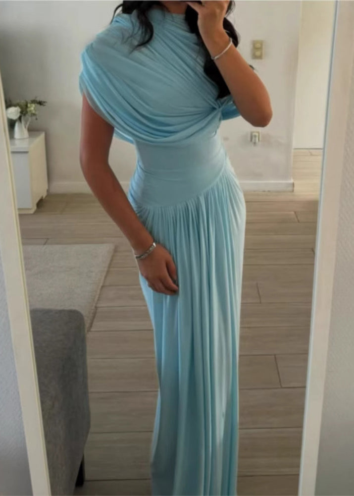 Wrinkled Light Cotton Fit Solid Slim Waist Blue High Dresses Maxi