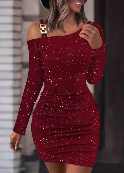 Slim Fall Mid Mulberry Fit Dresses Cold Sequins Shoulder