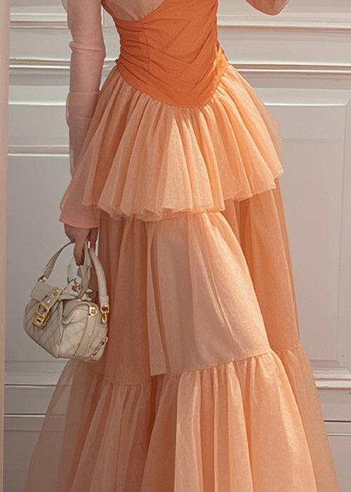 Chiffon Wrinkled Patchwork Fit Spring Slim Long Orange Dresses
