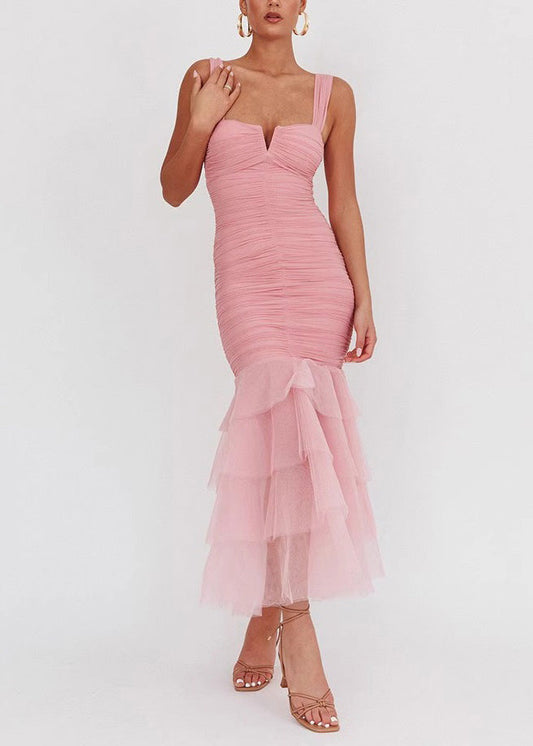 Tulle Sleeveless Wrinkled Long Patchwork Fit Slim Dress Pink