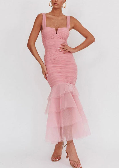 Tulle Sleeveless Wrinkled Long Patchwork Fit Slim Dress Pink