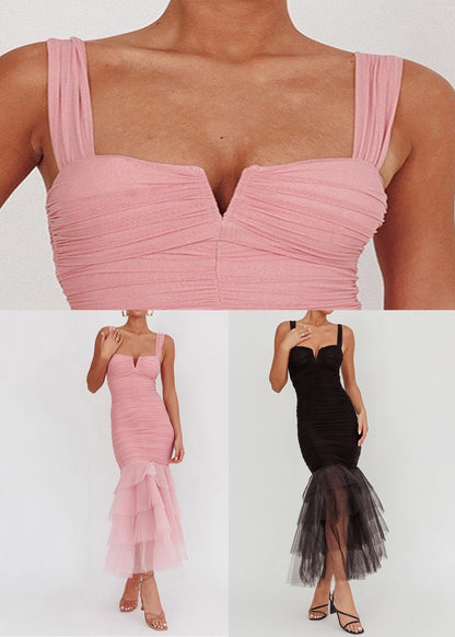 Tulle Sleeveless Wrinkled Long Patchwork Fit Slim Dress Pink